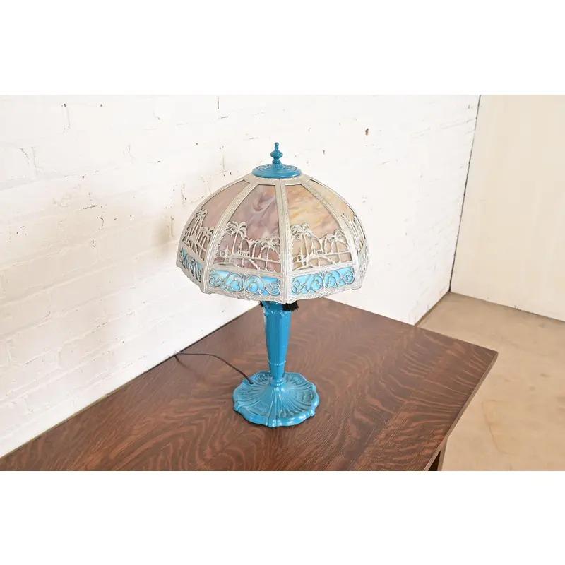 Early 20th Century Handel Style Antique Art Nouveau Table Lamp With Palm Tree Motif, Circa 1920s For Sale