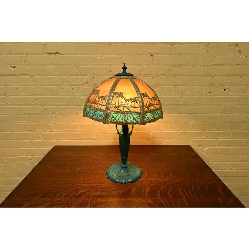 Metal Handel Style Antique Art Nouveau Table Lamp With Palm Tree Motif, Circa 1920s For Sale