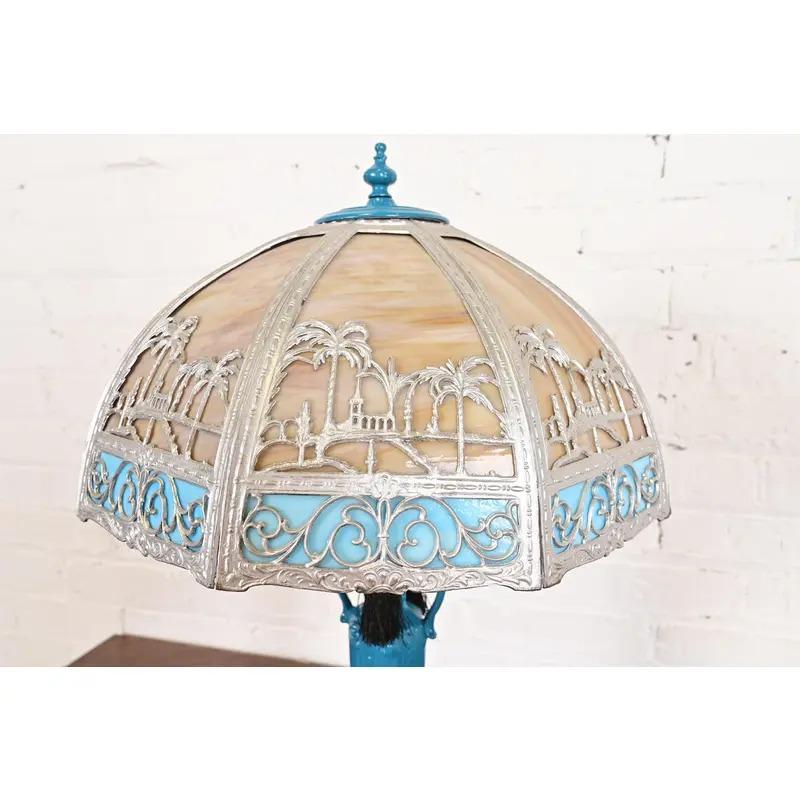 Handel Style Antique Art Nouveau Table Lamp With Palm Tree Motif, Circa 1920s For Sale 3