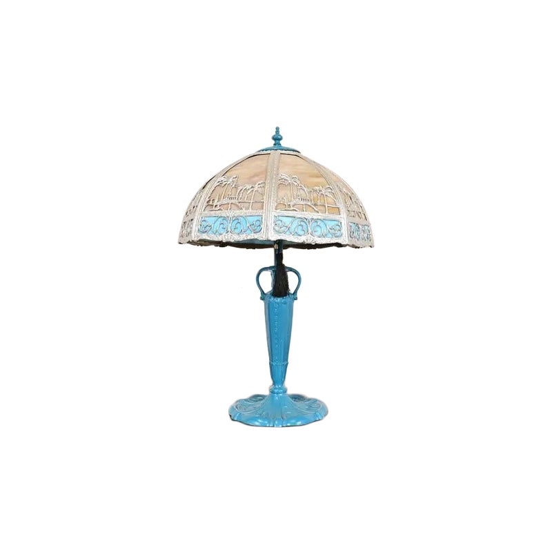 Handel Style Antique Art Nouveau Table Lamp With Palm Tree Motif, Circa 1920s For Sale