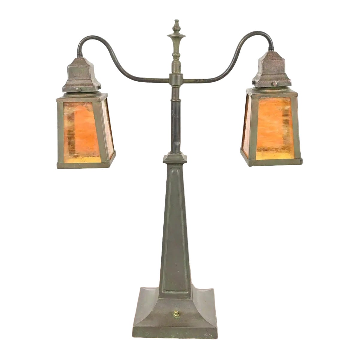 Lampe de table double en bronze et verre de scories de style Arts & Crafts antique Handel en vente