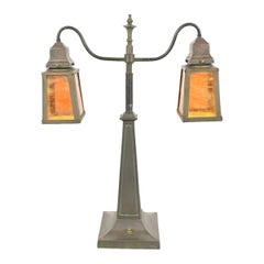 Handel Style Antique Arts & Crafts Bronze and Slag Glass Double Table Lamp