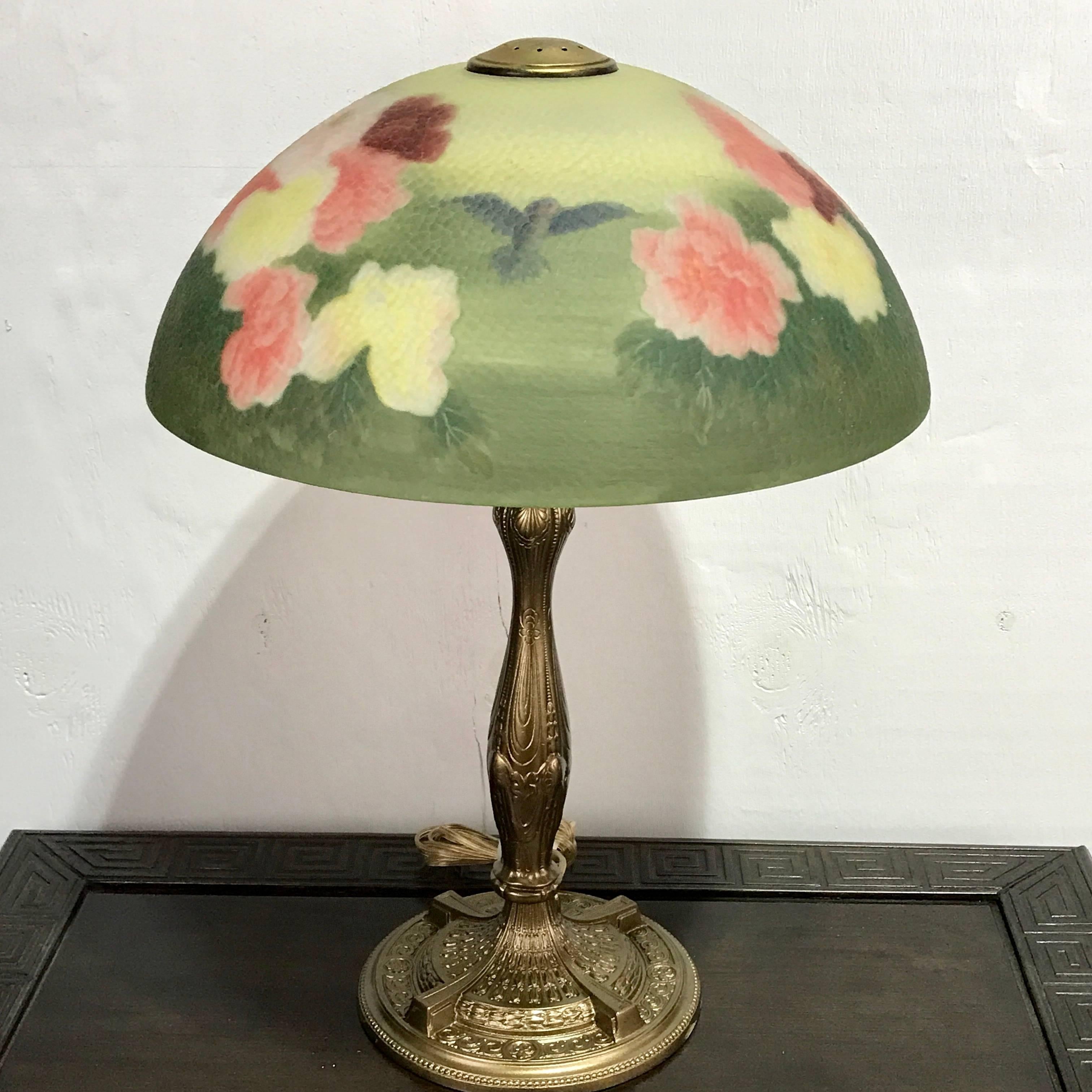 American Handel Style Reverse Painted Table Lamp Birds and Flower Motif