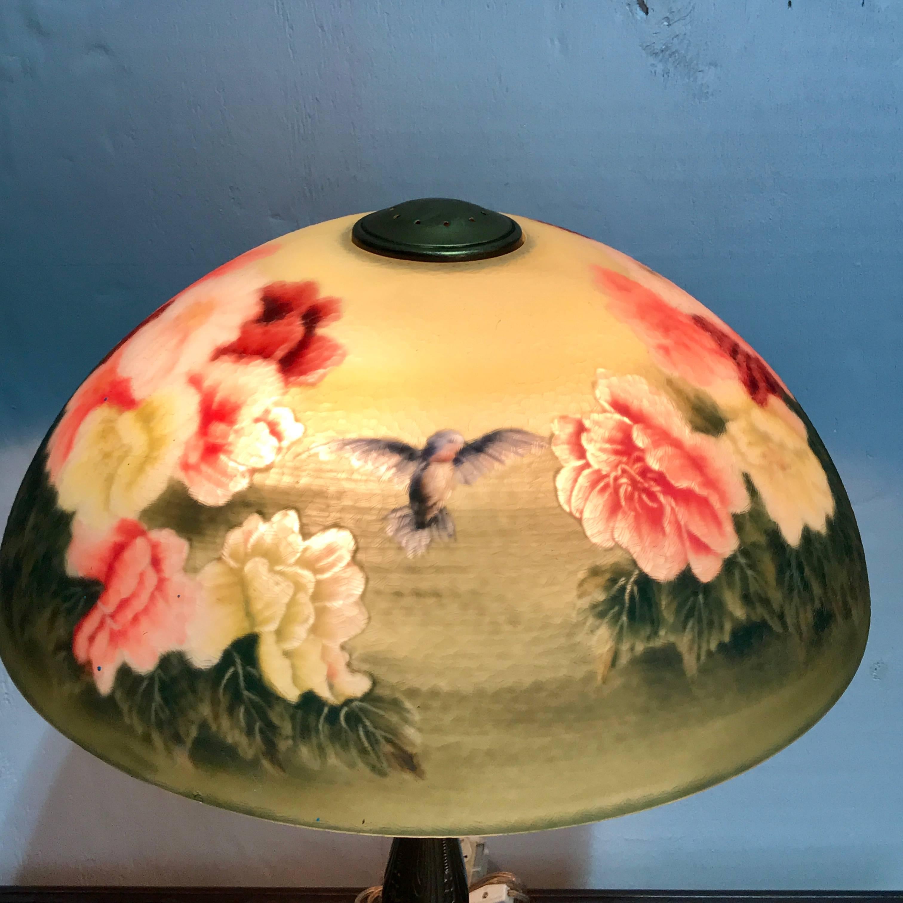 American Handel Style Reverse Painted Table Lamp Birds and Flower Motif