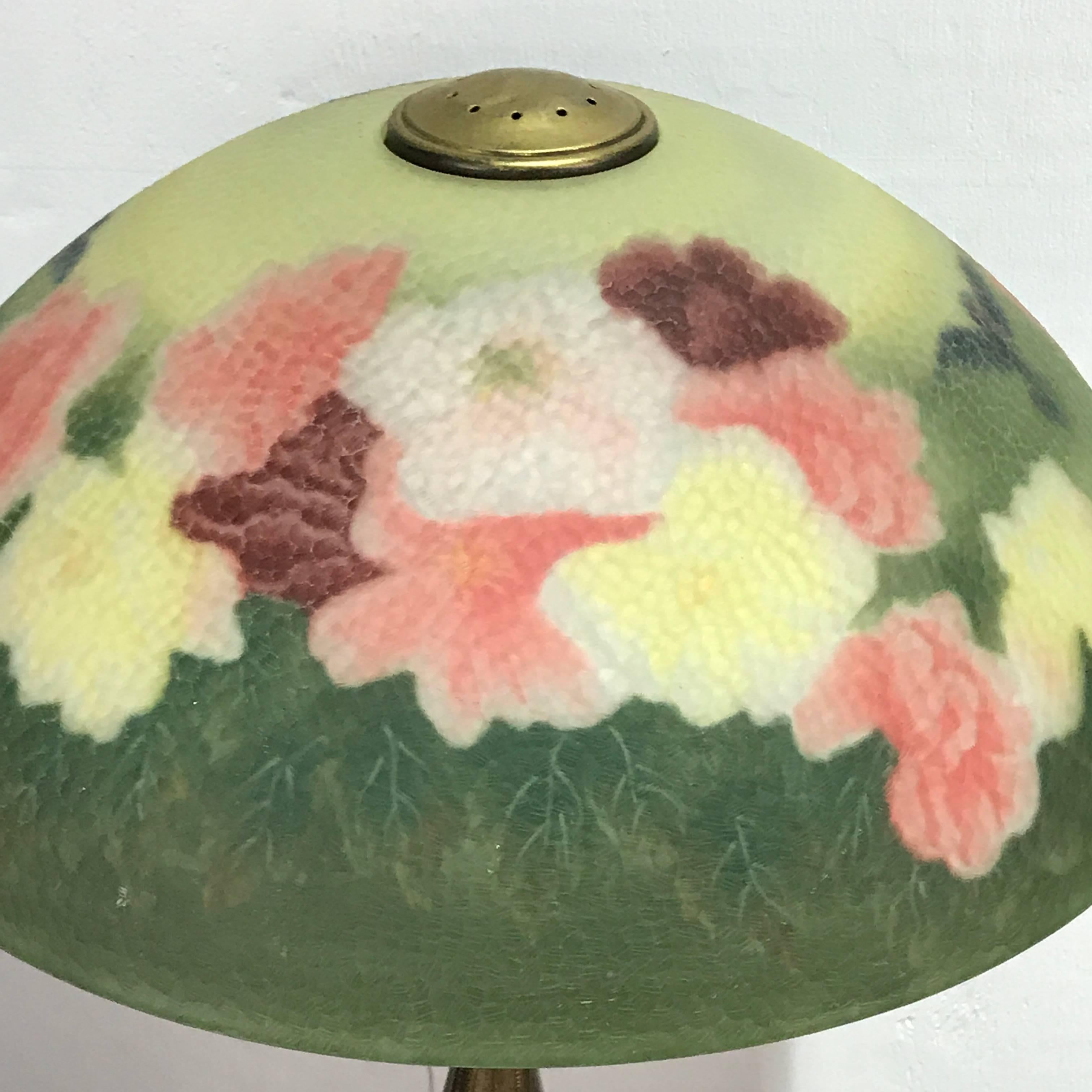 Handel Style Reverse Painted Table Lamp Birds and Flower Motif In Good Condition In West Palm Beach, FL