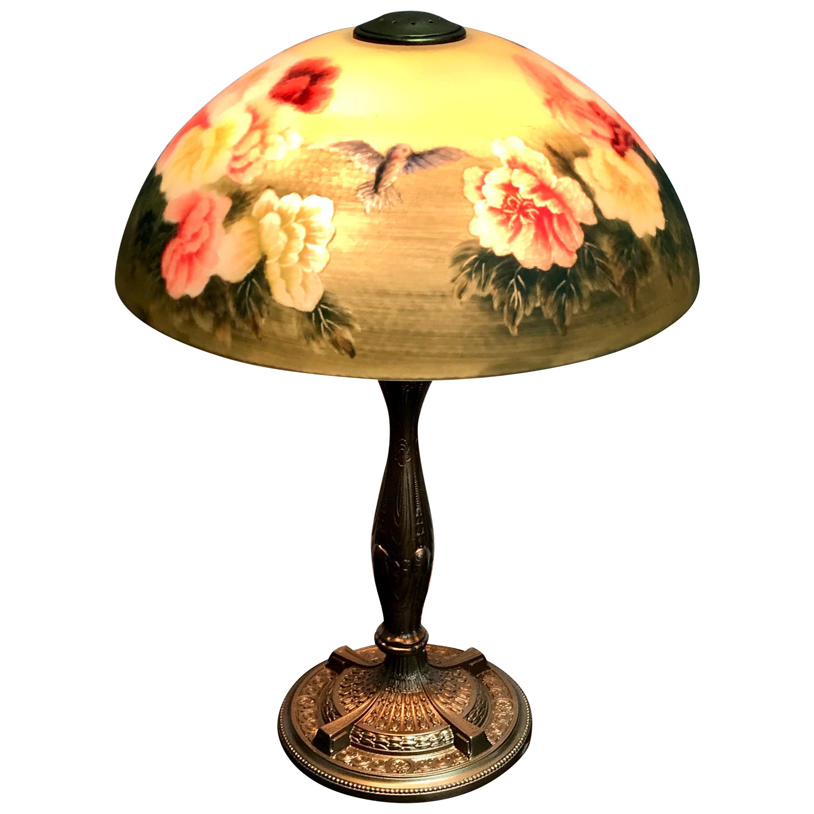 Handel Style Reverse Painted Table Lamp Birds and Flower Motif