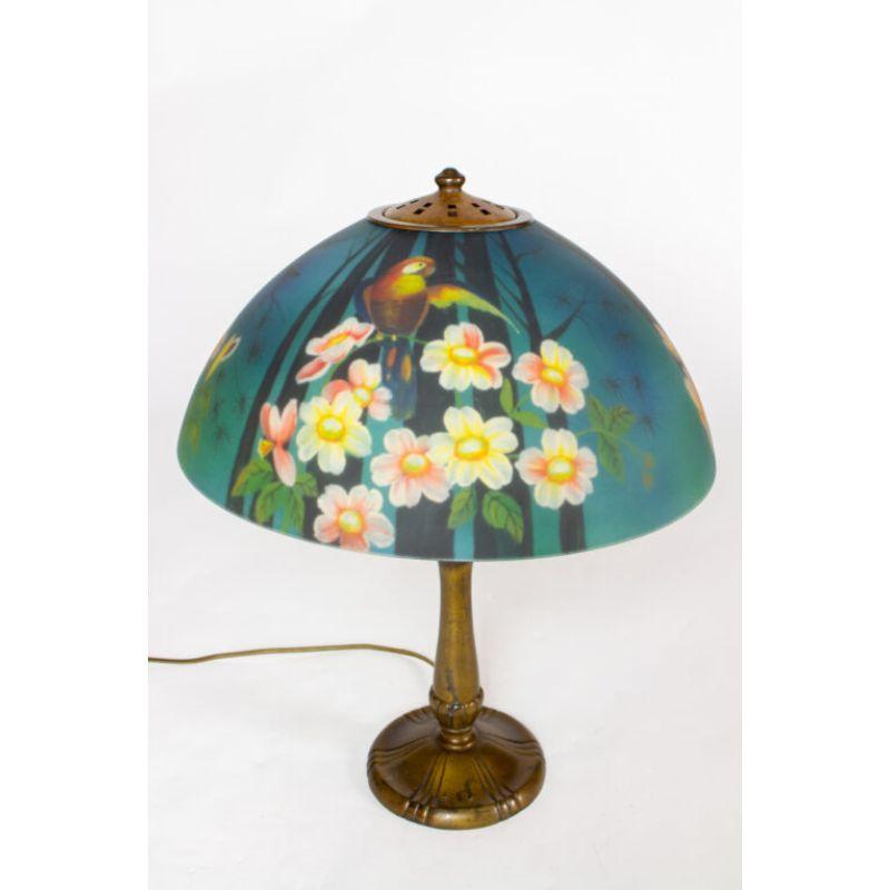 Arts and Crafts Handel Table Lamp with Reverse Painted Teal Parrot Shade