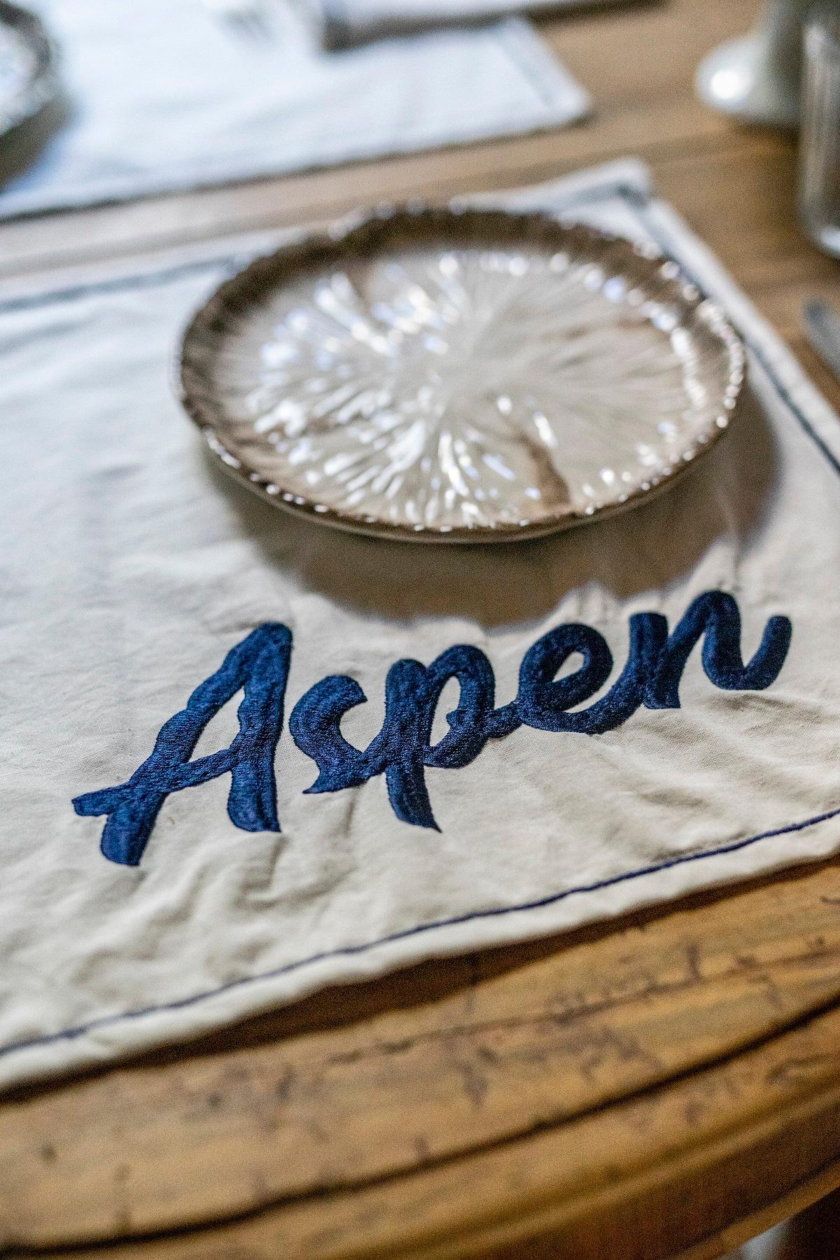 Modern Hand Embroidered Aspen Cotton Placemat and Napkin For Sale