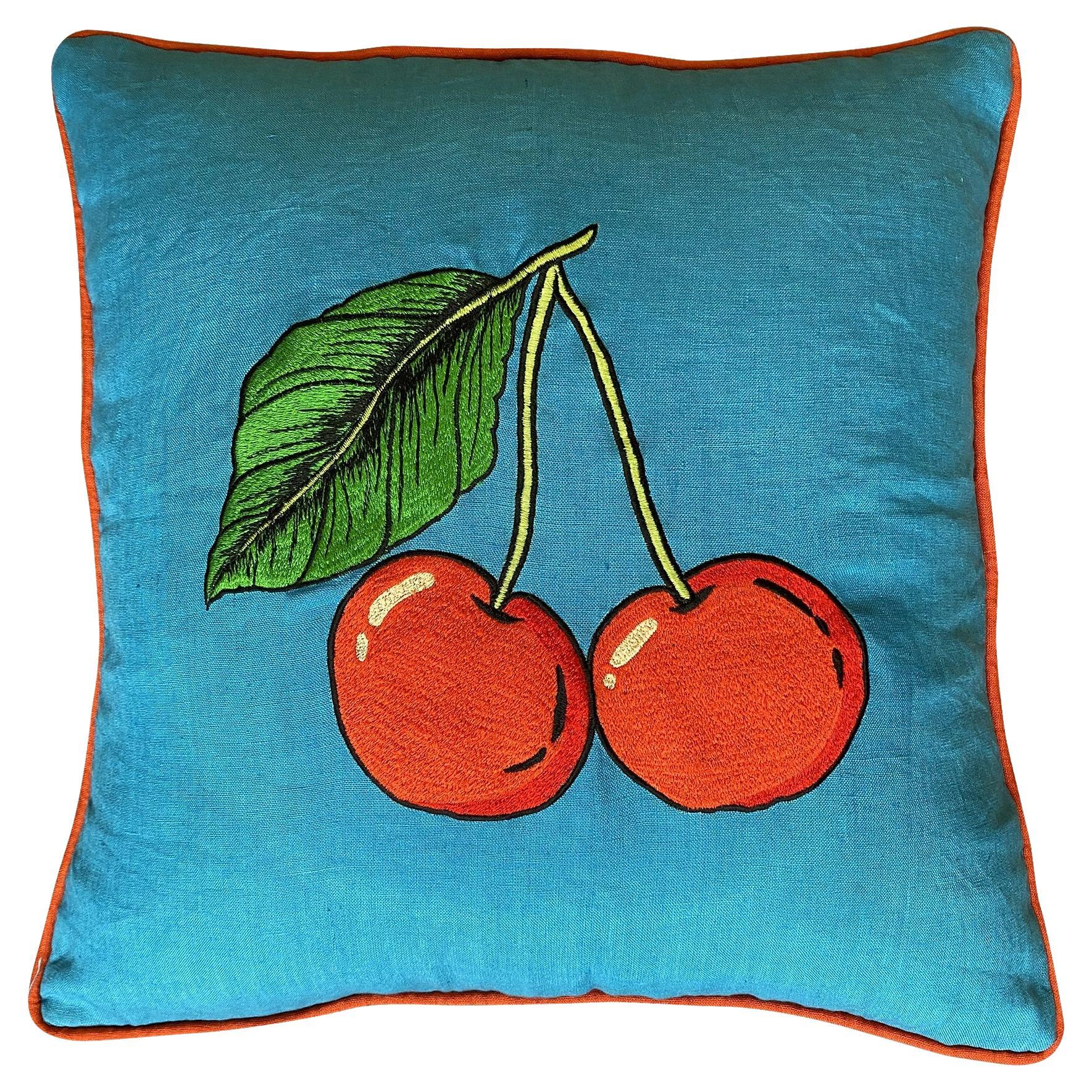 HandEmbroidered Cherry linen pillow  For Sale