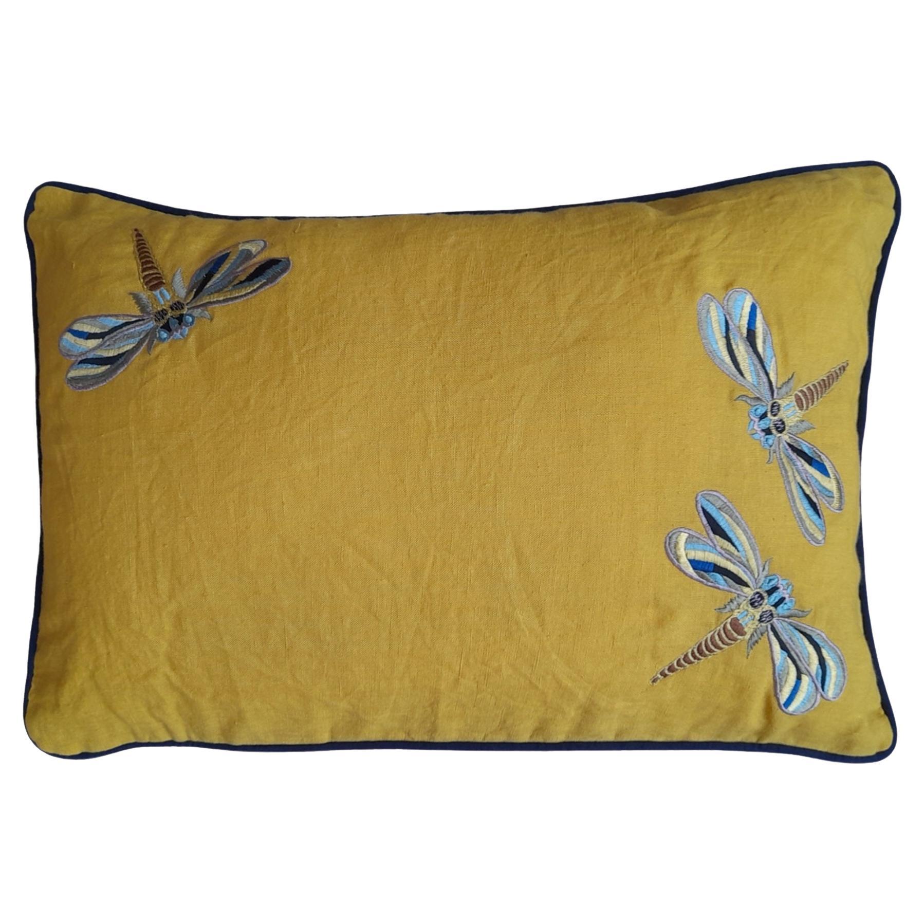 HandEmbroidered Dragonfly linen pillow  For Sale
