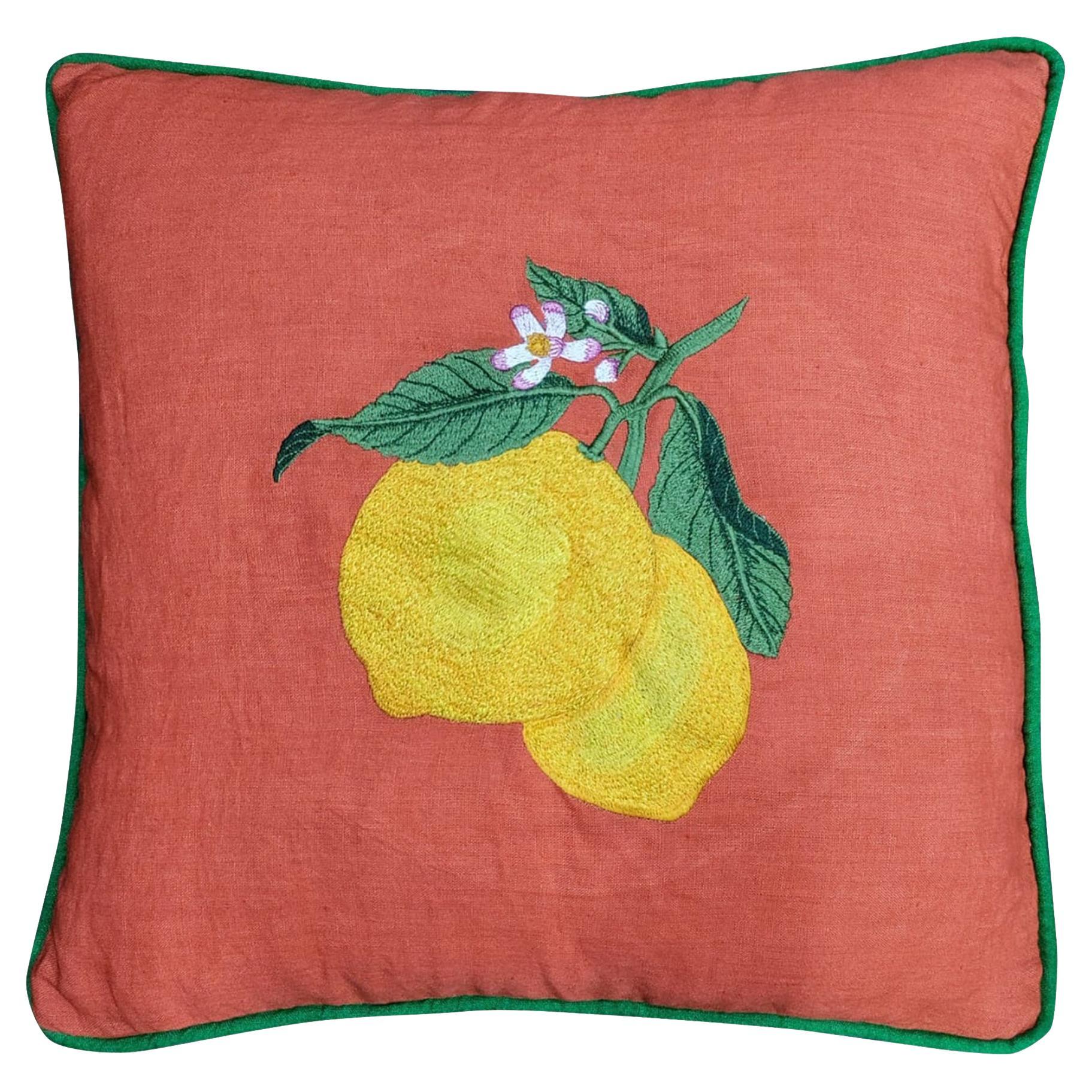 HandEmbroidered Lemon linen pillow  For Sale