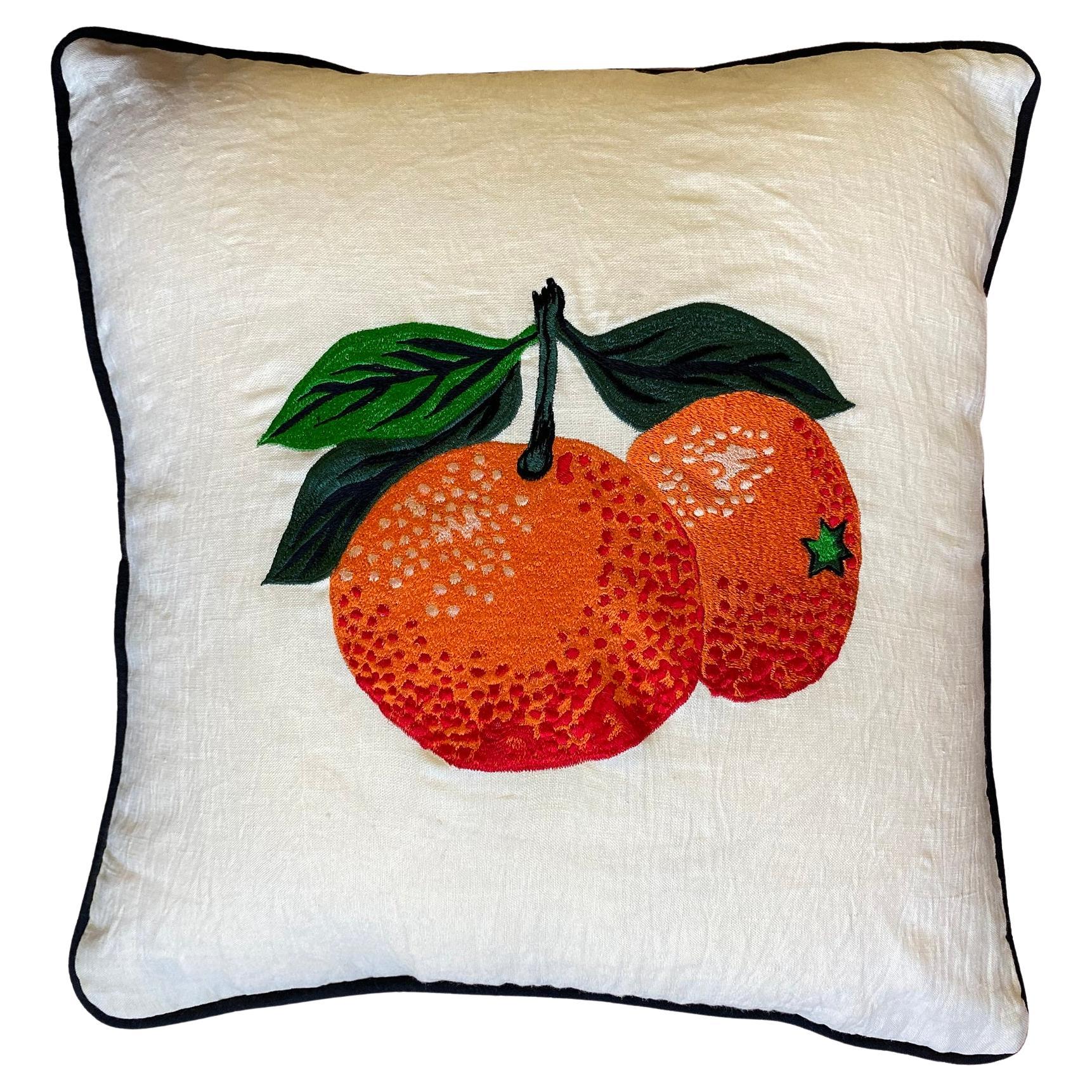 HandEmbroidered Oranges linen pillow  For Sale