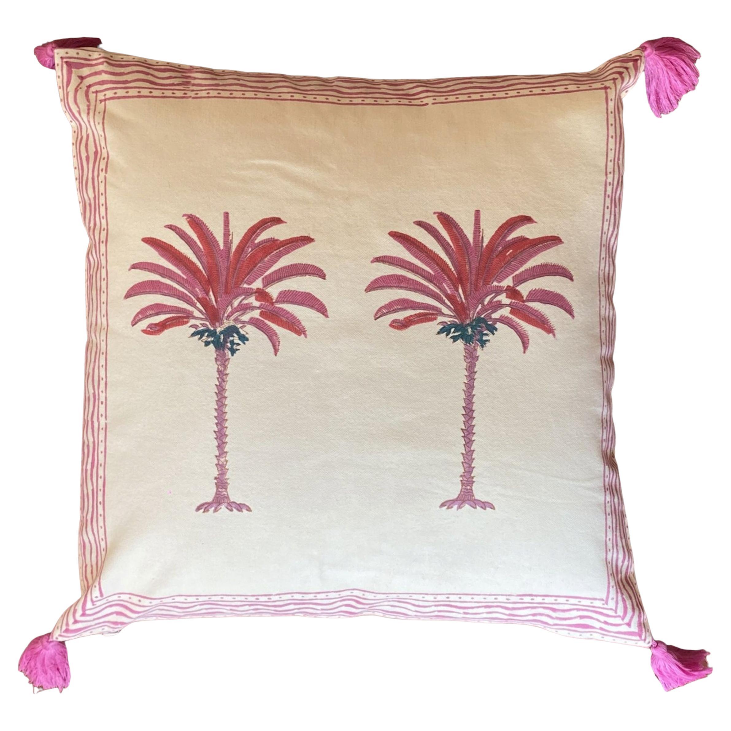 Pink  Palm Tree Blockprinted pillow  For Sale