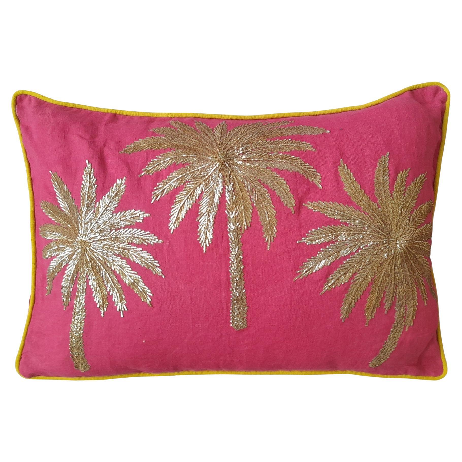 HandEmbroidered palm trees linen pillow  For Sale