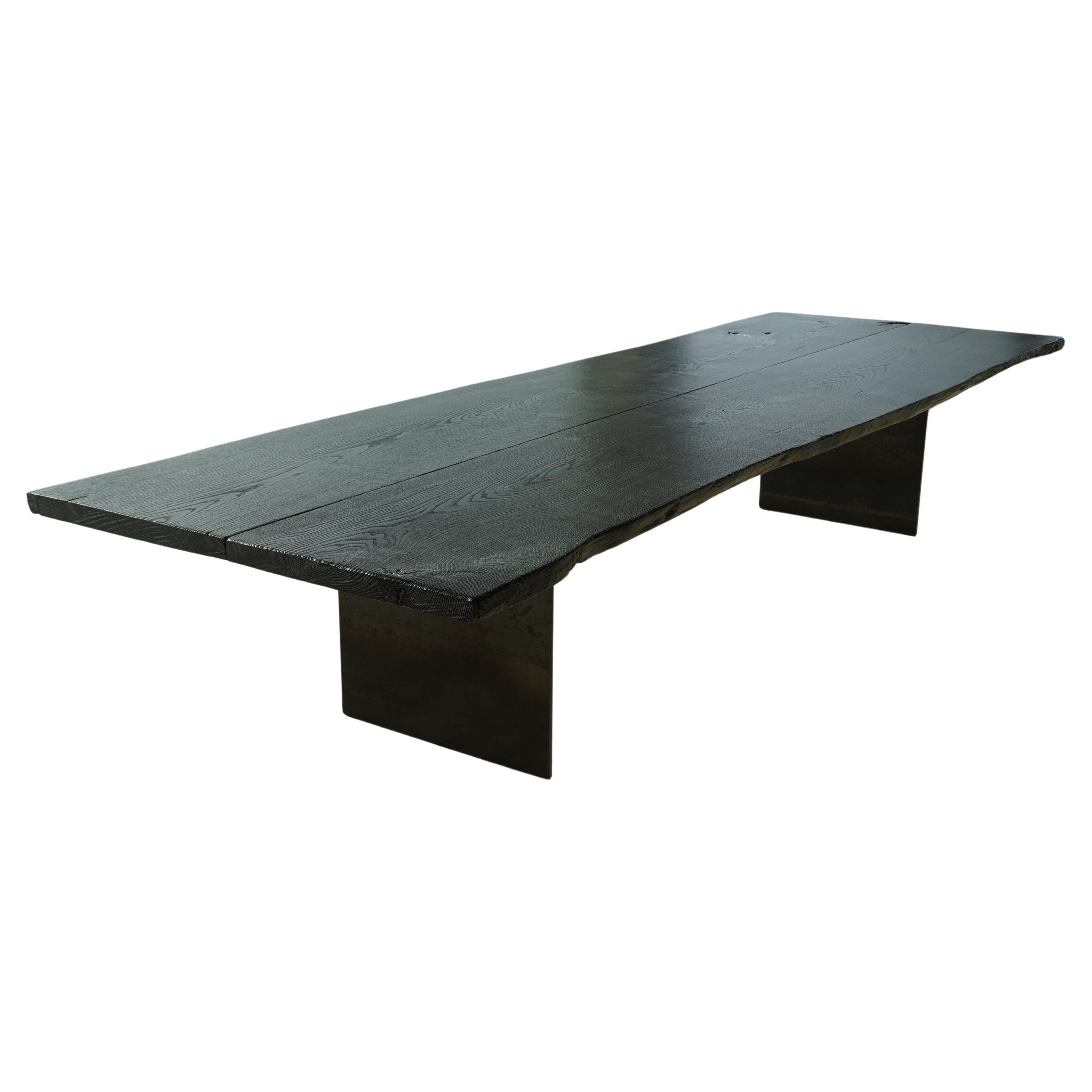 Table à main, grande table à manger en bois massif, en acier inoxydable, Stahlwangen