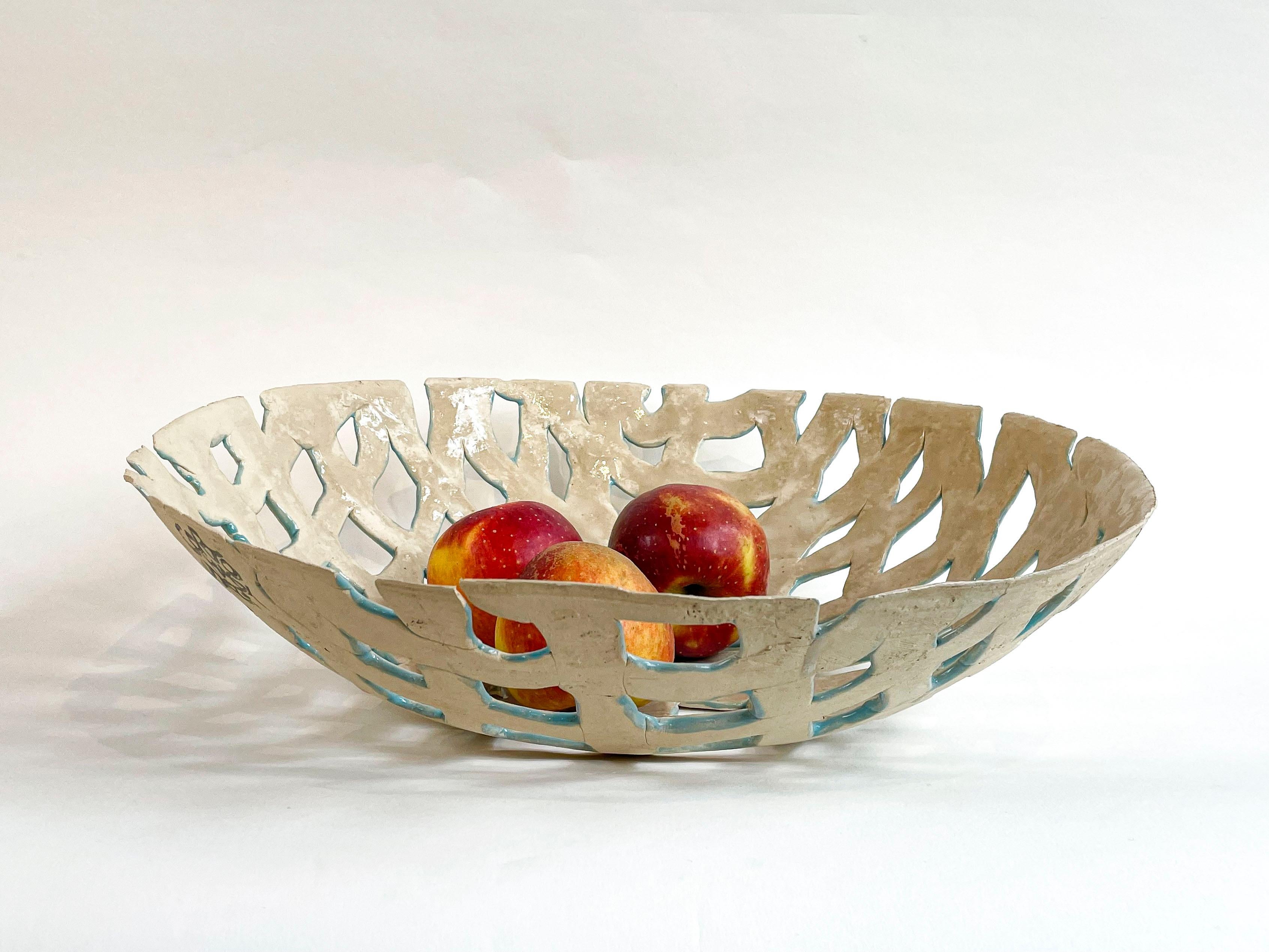 Mid-Century Modern Handmade woven ceramic bowl in white ande light blue For Sale