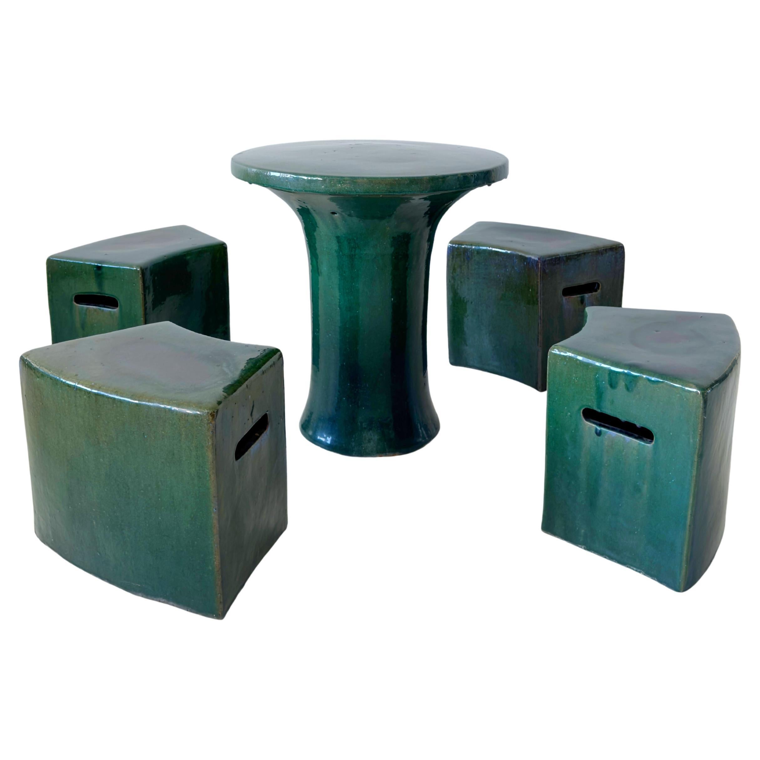 Handglazed Emerald Ceramic Tea Table with Four Stools