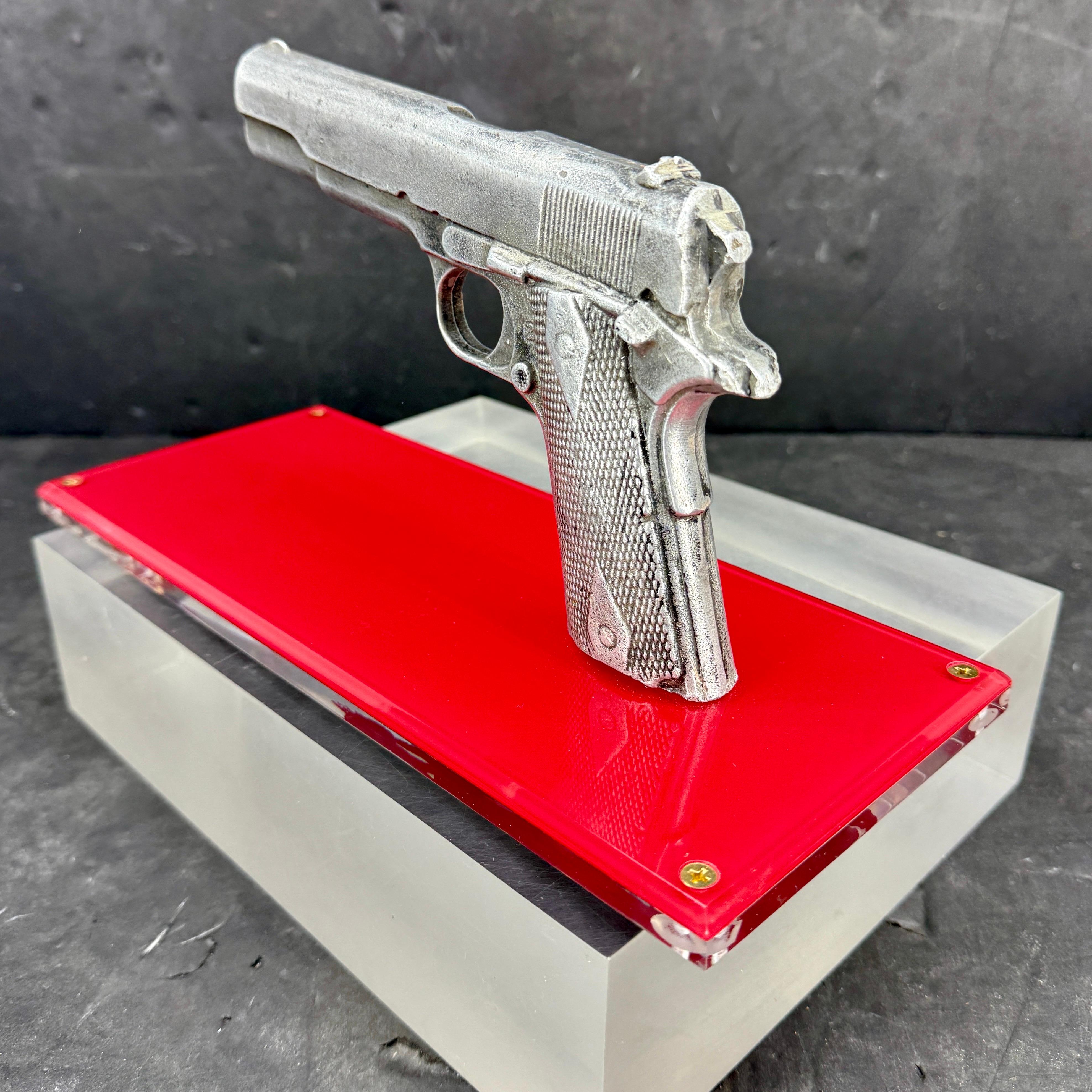 Mid-Century Modern Handgun Sculpture Prop of Colt M1911 on Lucite Base For Sale