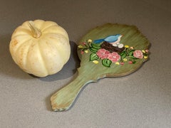 Handheld Mirror in a Wooden Frame, A vintage Mack-up Floral Painted Mirror