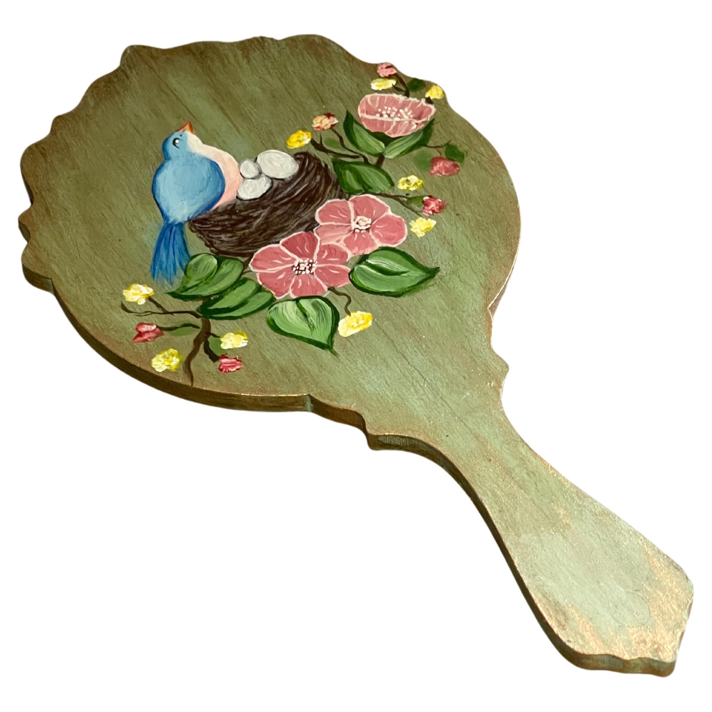 Specchio a mano con cornice in legno, uno specchio vintage dipinto con fiori di Up&Up