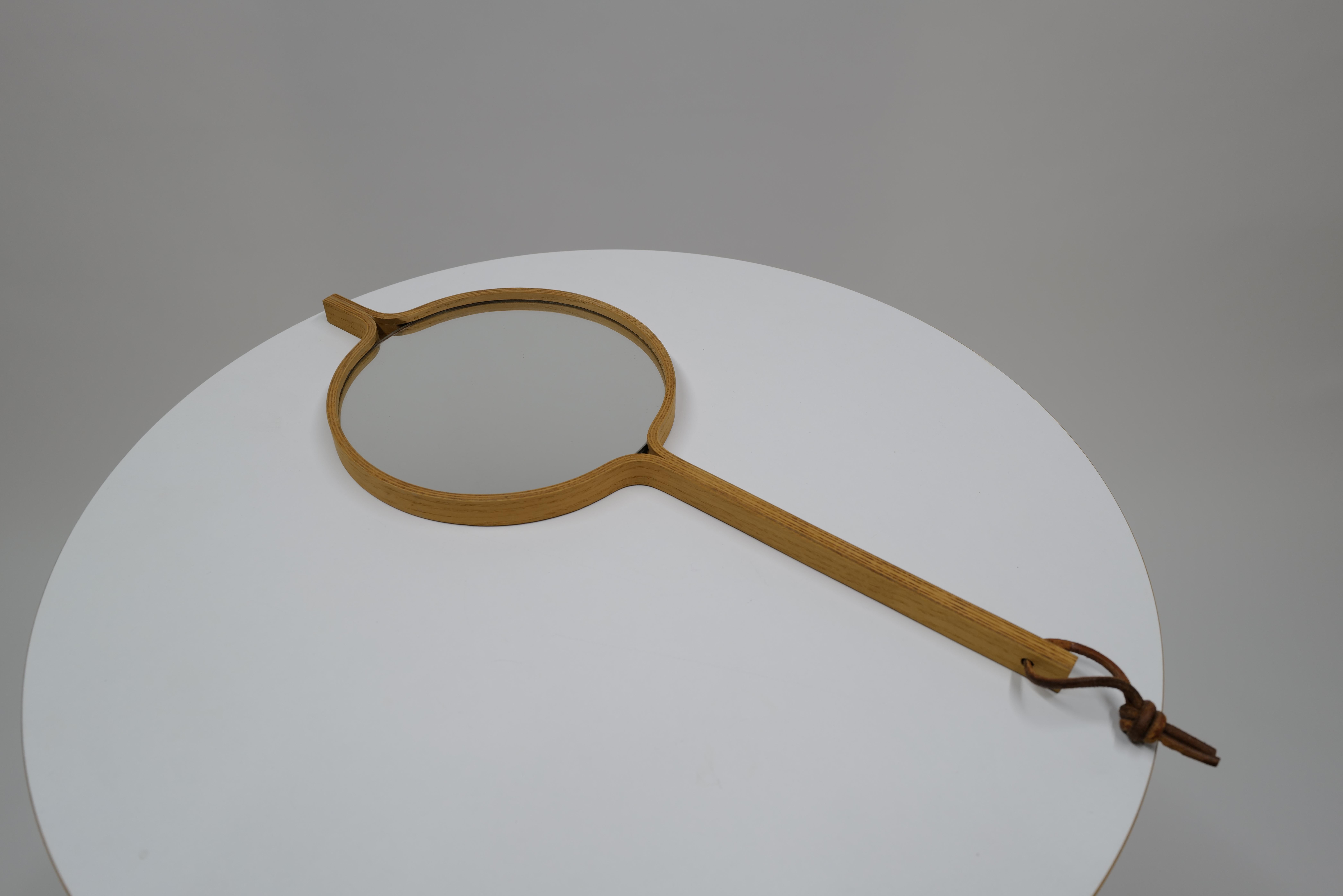 Leather Handheld White Oak Mirror by Jørgen Gammelgaard For Sale