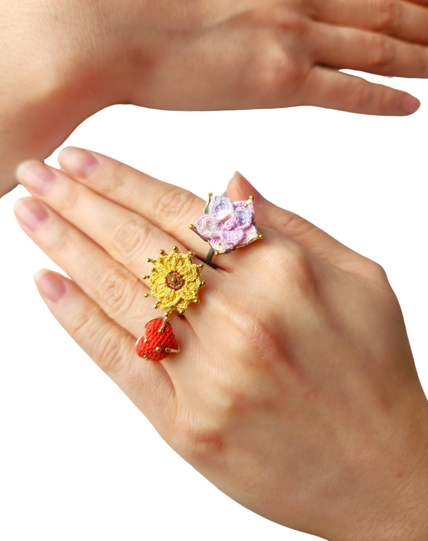 Women's Hand Knit Sunflower Spring Flower Silver Ring For Sale