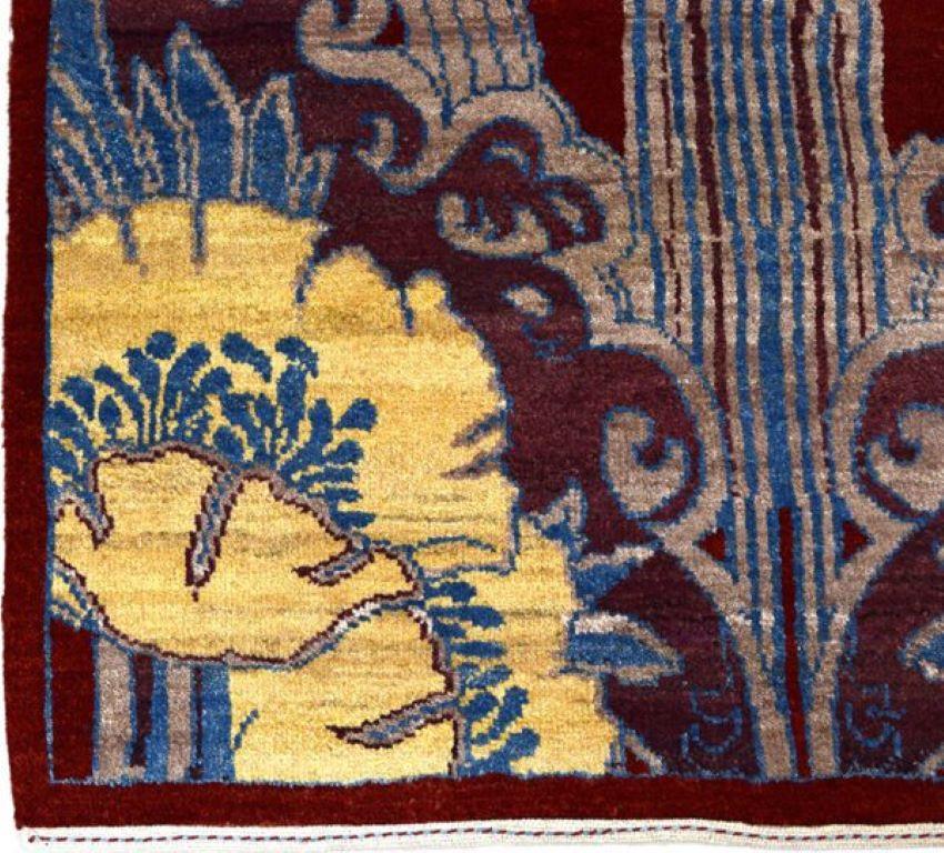 Vegetable Dyed Handknotted Art Nouveau Wool Persian Rug in Burgundy, Blue, and Gold, 3' x 5' For Sale