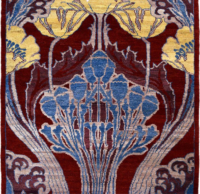 Handknotted Art Nouveau Wool Persian Rug in Burgundy, Blue, and Gold, 3' x 5' In New Condition For Sale In New York, NY