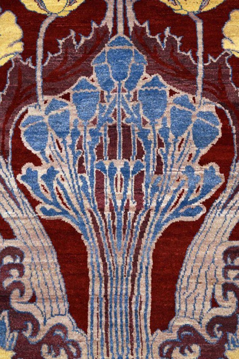 Contemporary Handknotted Art Nouveau Wool Persian Rug in Burgundy, Blue, and Gold, 3' x 5' For Sale