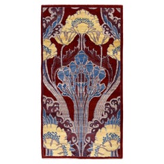 Handknotted Art Nouveau Wool Persian Rug in Burgundy, Blue, and Gold, 3' x 5'