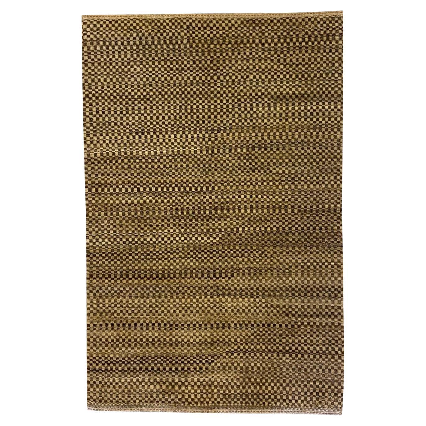 Handknotted Brown and Cream Checkered Architectural Wool Persian Rug, 3' x 4'