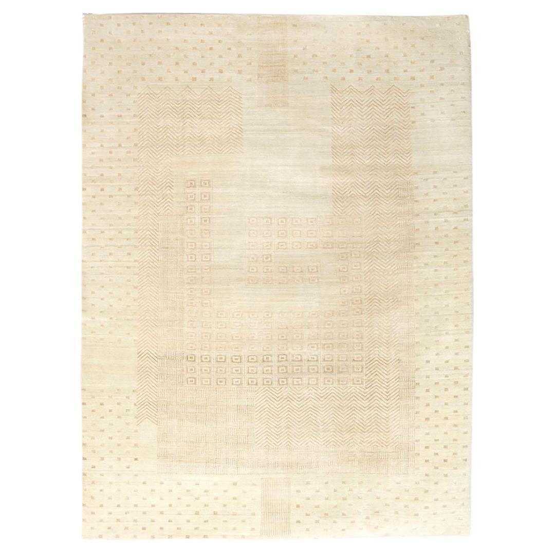Handknotted Cream Wool and Silk Persian Carpet with Art Deco Design, 9' x 12'