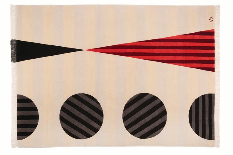 Hand Knotted Cream Wool Rug, Circle/Triangle Shape Red and Black Color