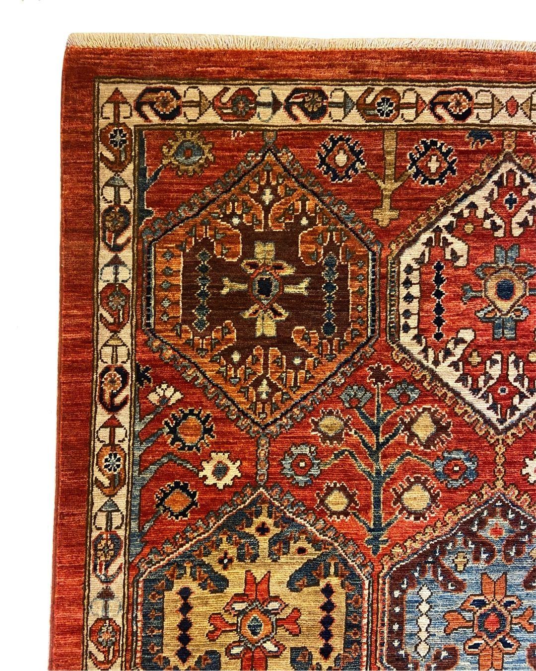 Handknotted Geometric Wool Rug with Tribal Medallions in Red, Blue, Gold 4' x 6' (Afghanisch) im Angebot