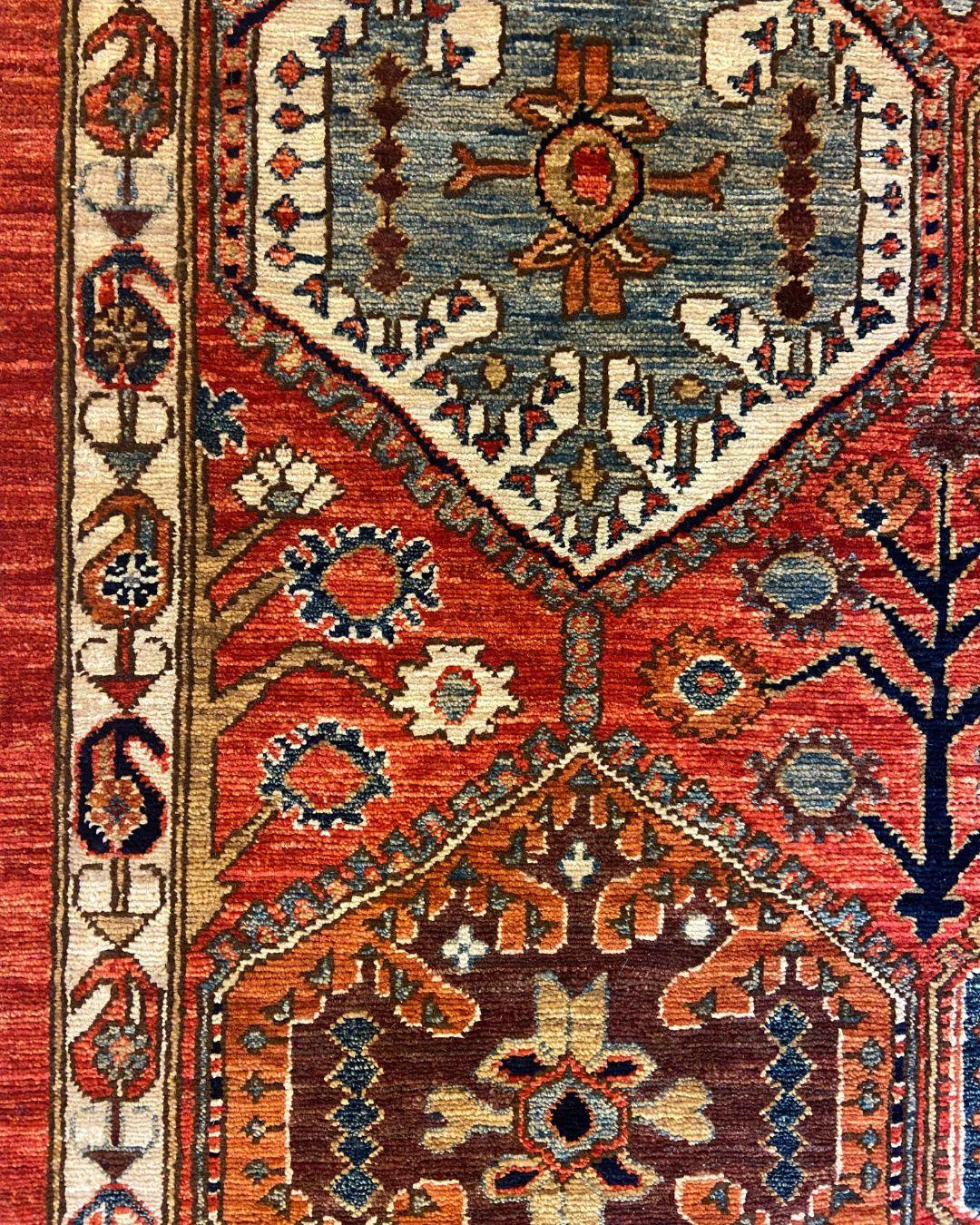 Handknotted Geometric Wool Rug with Tribal Medallions in Red, Blue, Gold 4' x 6' im Angebot 1