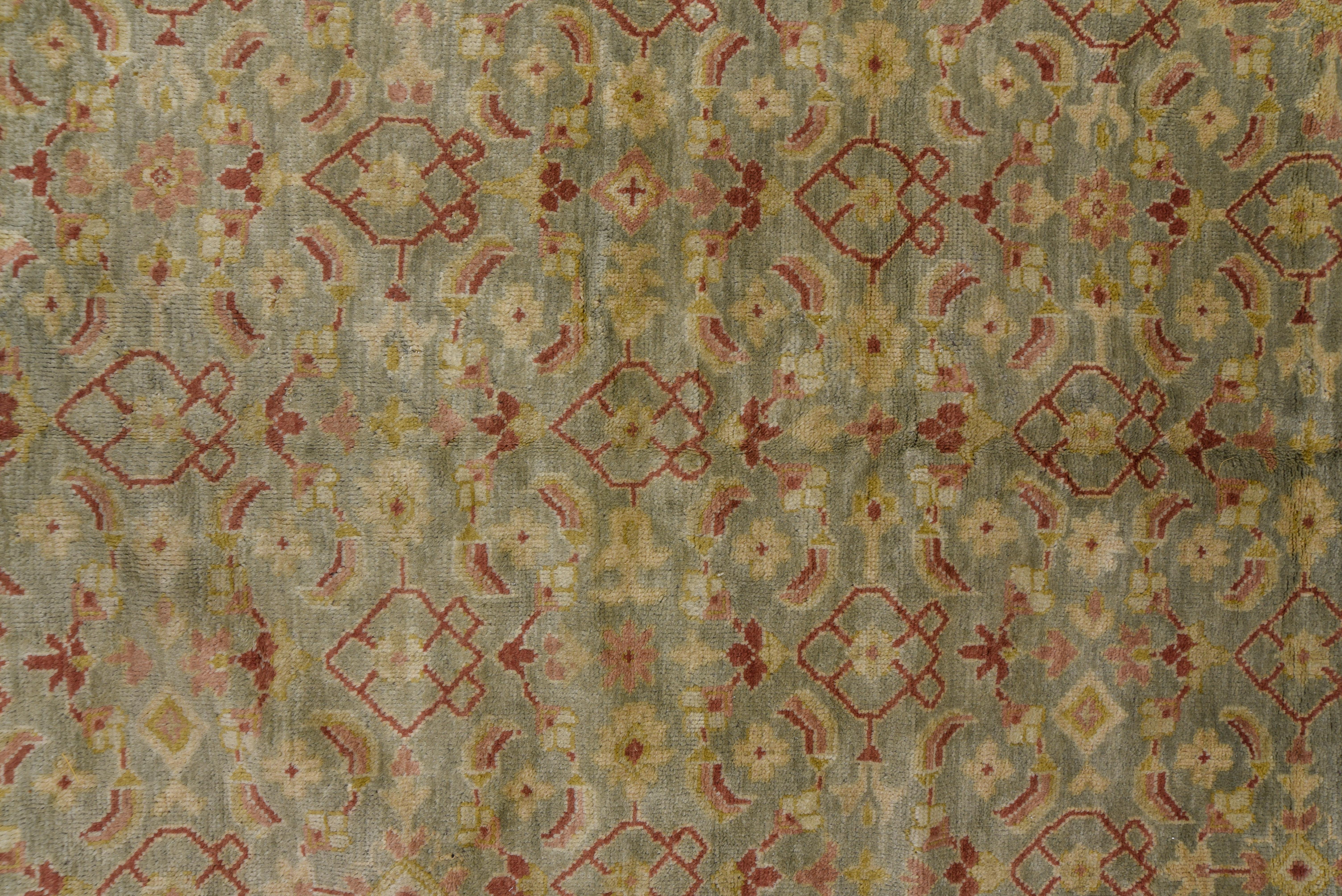 Contemporary Hand Knotted Indian Mahal Design Carpet, Seafoam Colored Field, Red Borders