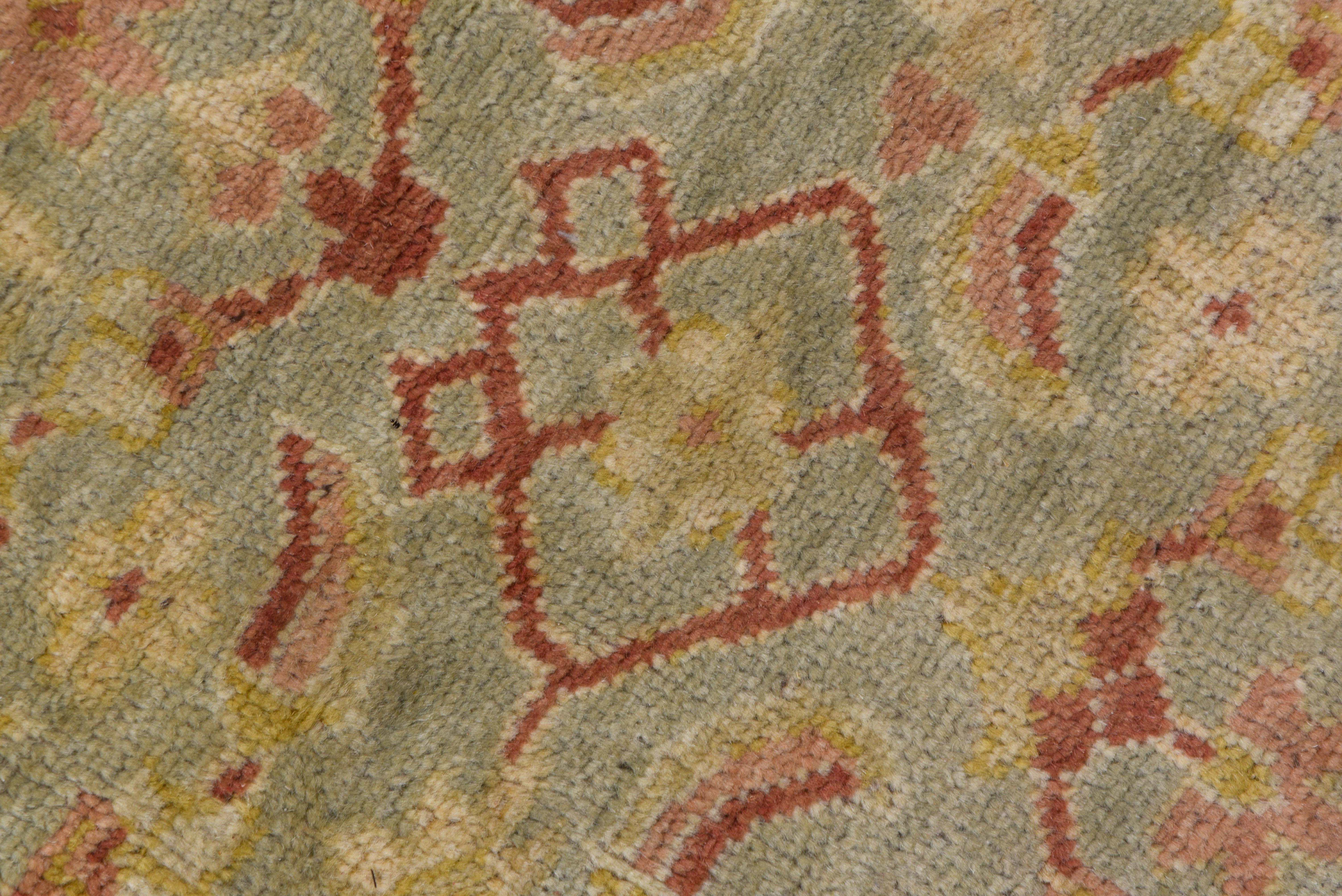 Wool Hand Knotted Indian Mahal Design Carpet, Seafoam Colored Field, Red Borders