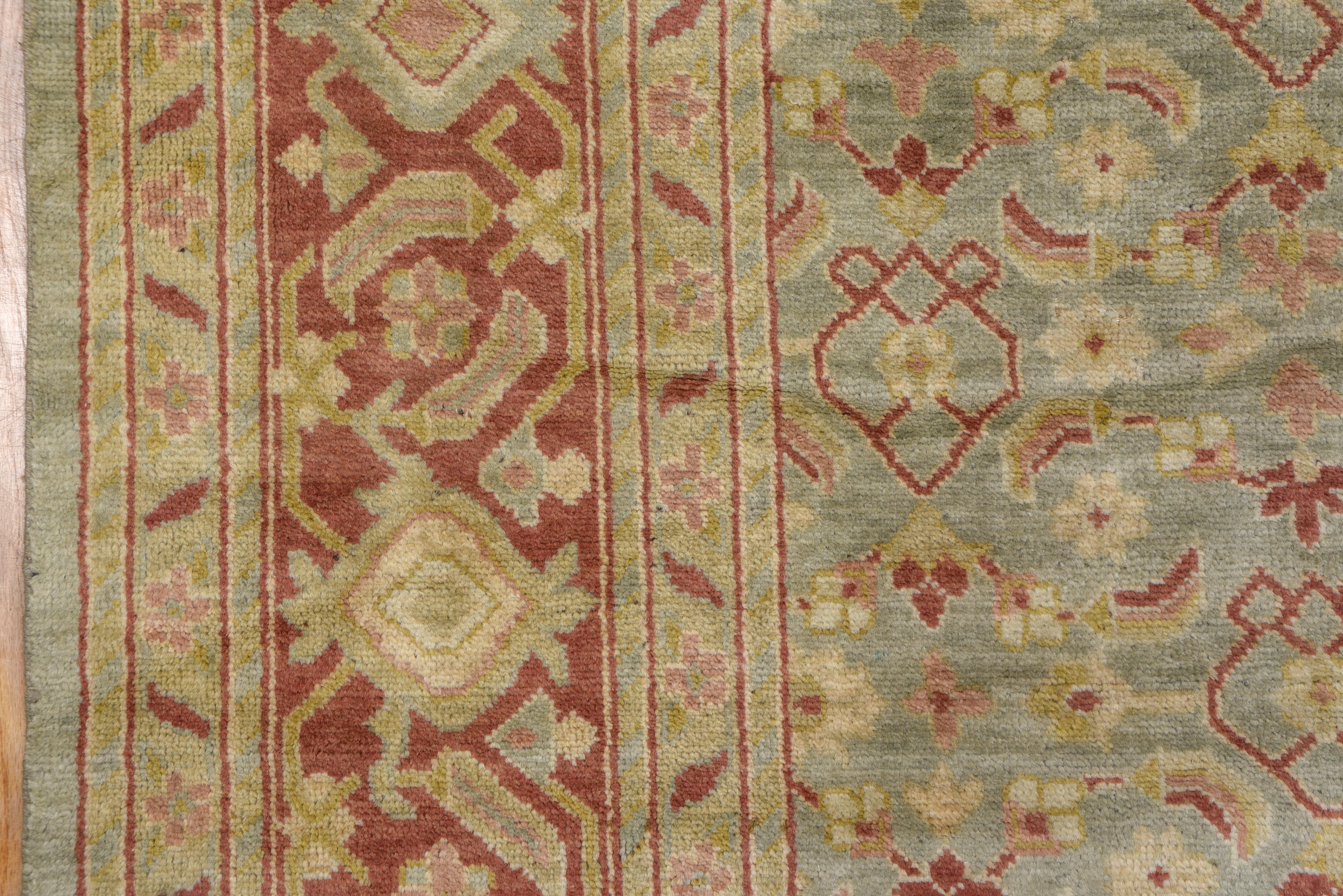 Hand Knotted Indian Mahal Design Carpet, Seafoam Colored Field, Red Borders 1