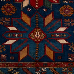 Tapis noué à la main en laine kazakhe à motifs géométriques bleu-turquoise-rouge-brun, années 1960