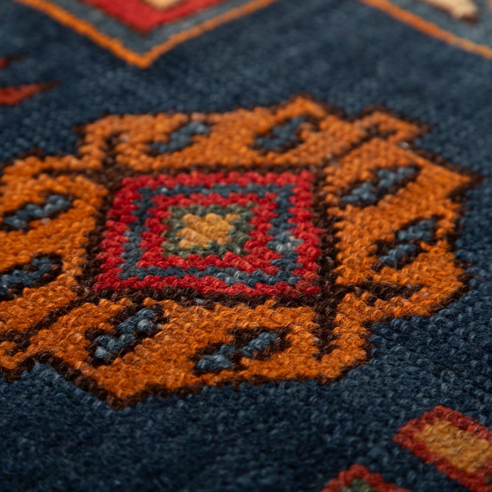 Folk Art Handknotted Kazak Wool Carpet in Blue-Turquise-Red-Brown Geometric Design 1960s For Sale