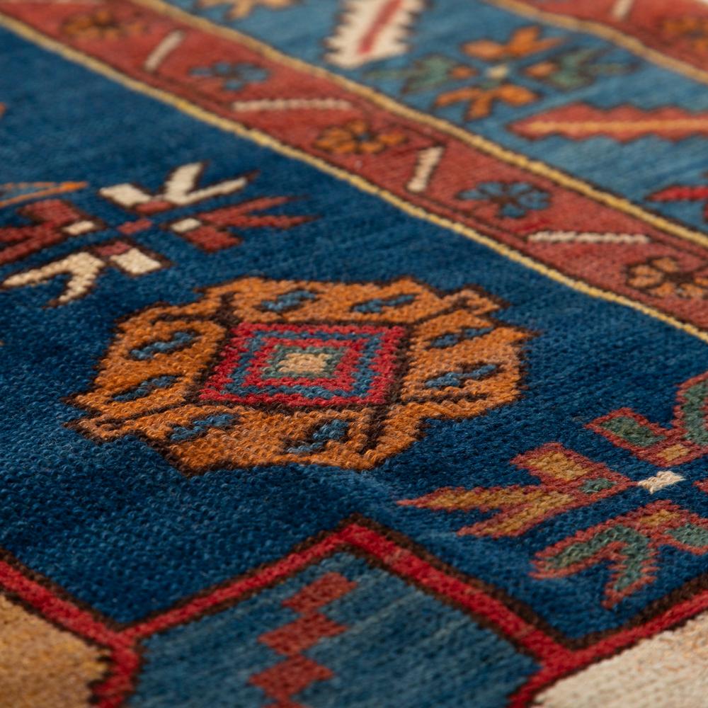 Caucasian Handknotted Kazak Wool Carpet in Blue-Turquise-Red-Brown Geometric Design 1960s For Sale