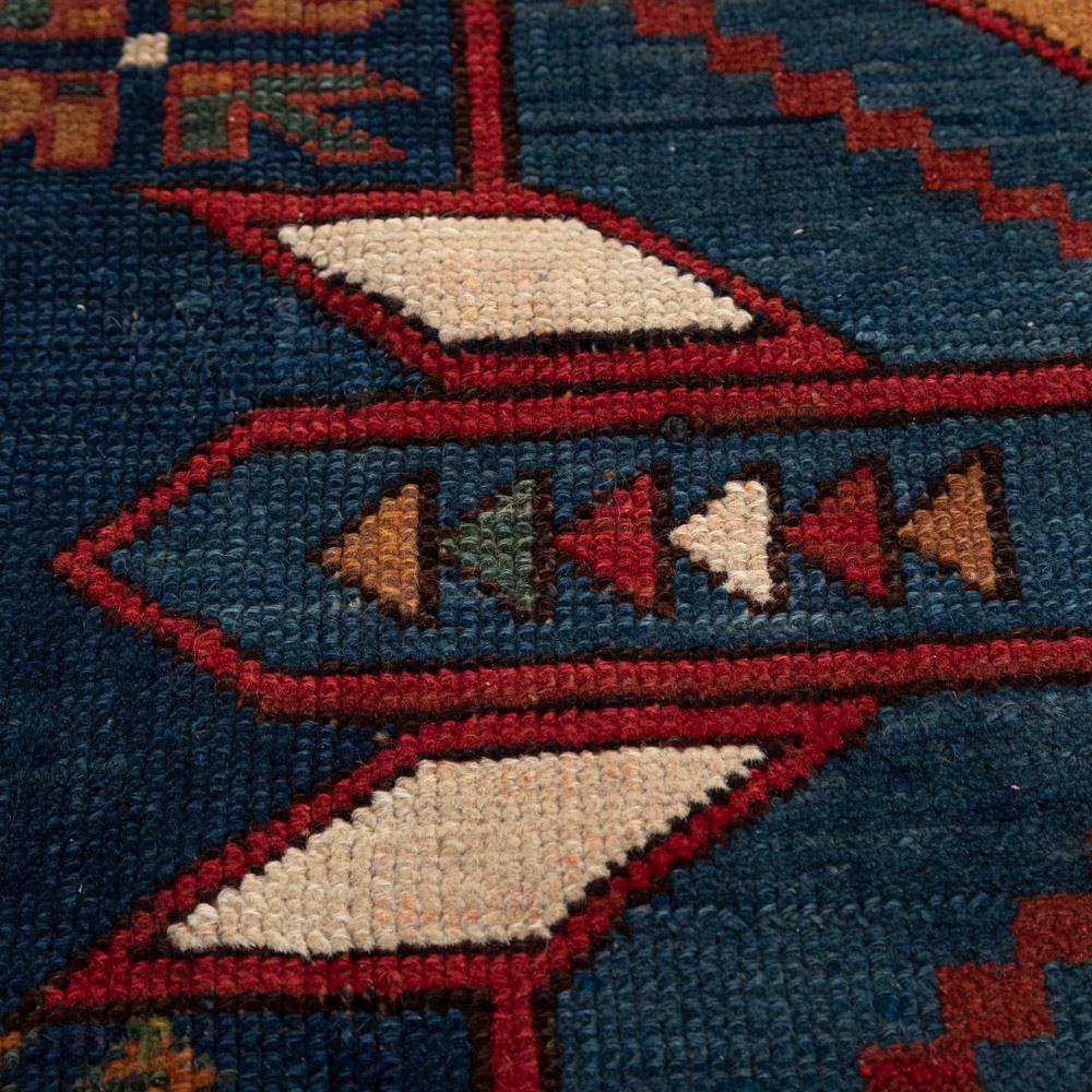 Hand-Knotted Handknotted Kazak Wool Carpet in Blue-Turquise-Red-Brown Geometric Design 1960s For Sale