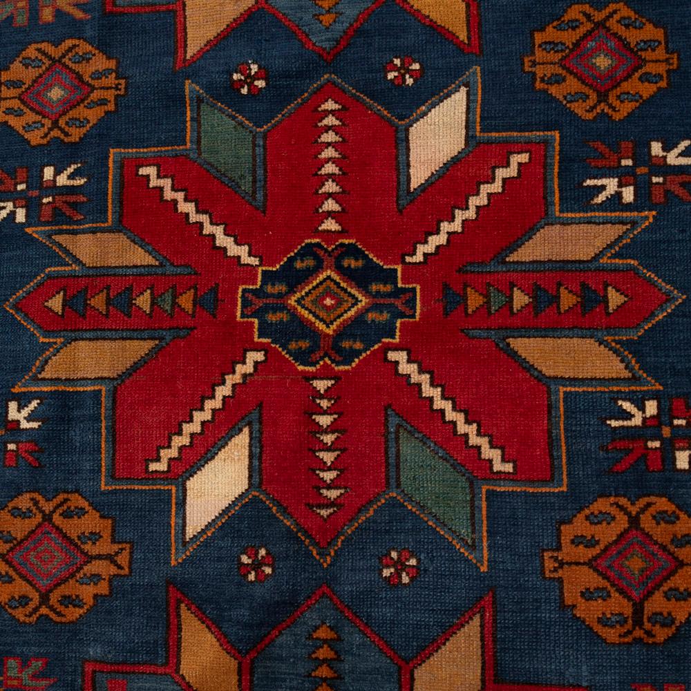 Mid-20th Century Handknotted Kazak Wool Carpet in Blue-Turquise-Red-Brown Geometric Design 1960s For Sale