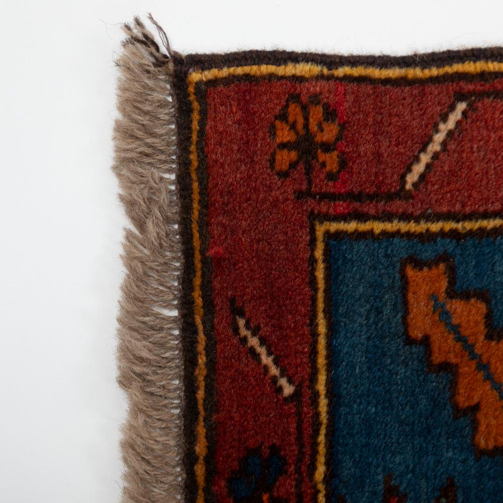 Handknotted Kazak Wool Carpet in Blue-Turquise-Red-Brown Geometric Design 1960s For Sale 1