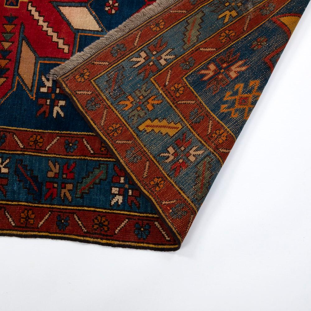 Handknotted Kazak Wool Carpet in Blue-Turquise-Red-Brown Geometric Design 1960s For Sale 2