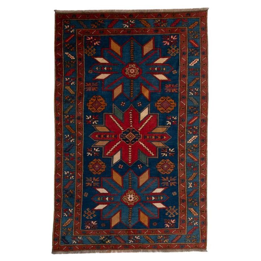Handknotted Kazak Wool Carpet in Blue-Turquise-Red-Brown Geometric Design 1960s For Sale