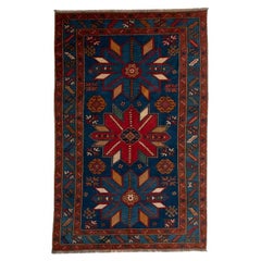 Handknotted Kazak Wool Carpet in Blue-Turquise-Red-Brown Geometric Design 1960s