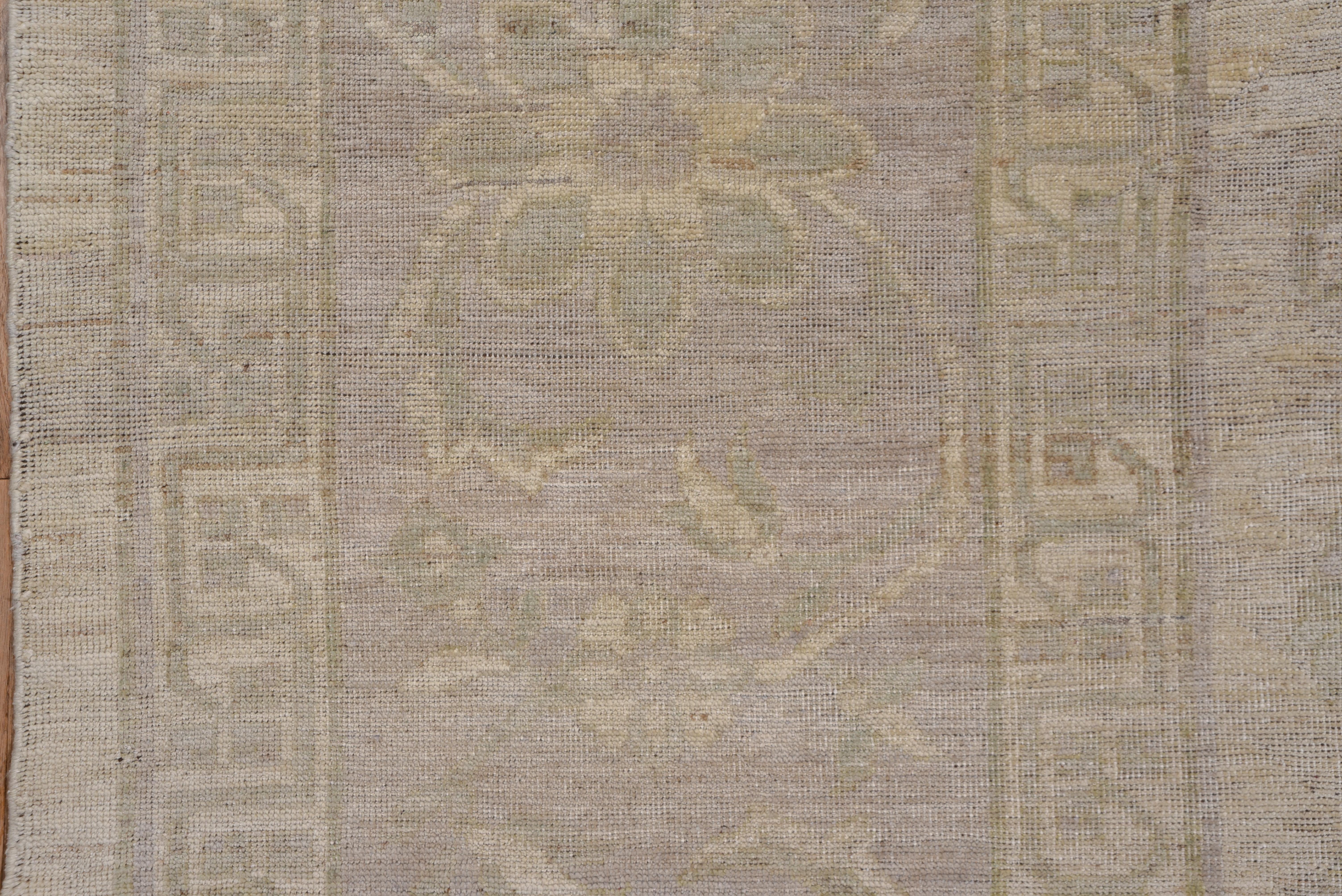 Contemporary Hand Knotted Khotan Design Large Rug, Soft Lavender Borders, Green Accents