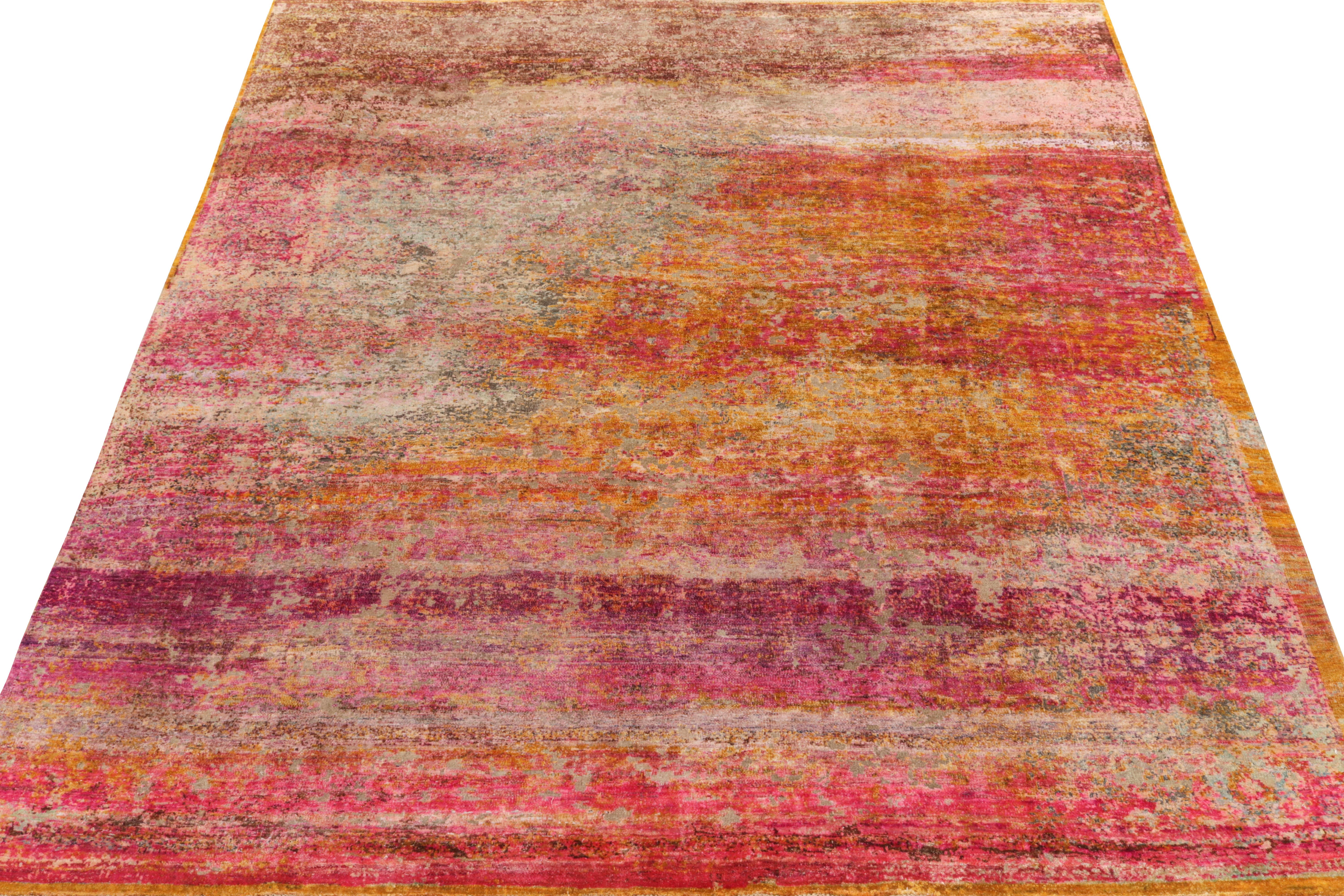 Hand-knotted in luxurious silk, an 8x10 abstract rug from our new and modern selections. Reimagining contemporary style in a delicious high low texture, the rug relishes vivacious hues of fuschia pink, gold, mustard, beige, brown & more—a delicious,