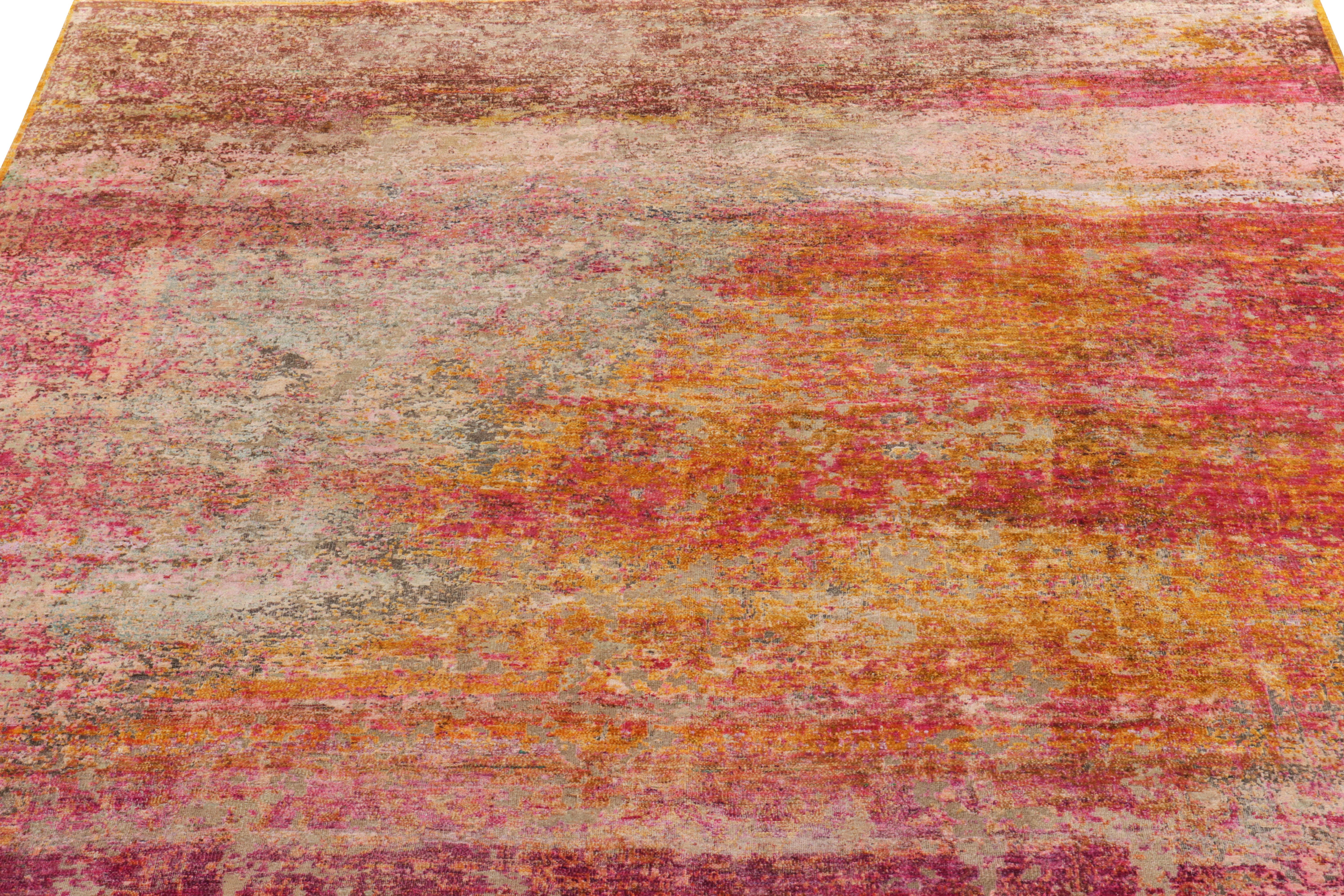 Indian Rug & Kilim's Handknotted Modern Abstract Rug in Pink, Gold and Brown For Sale